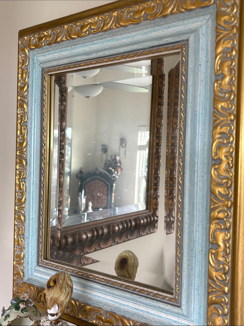 Vintage-Inspired Blue and Gold Ornamental Wall Mirror
